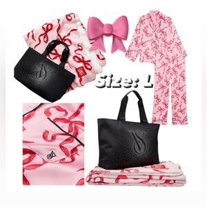 VS CHALK ROSE BOWS GLAZED SATIN PAJAMA SET w/ MATCHING TOTE & BLANKET SIZE LARGE